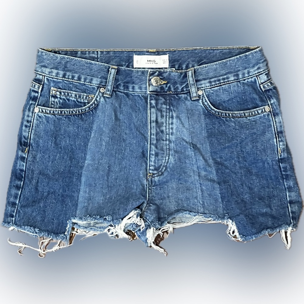 Mango Denim Shorts with Pockets & Frayed Hem, Medium Blue, Jean Shorts